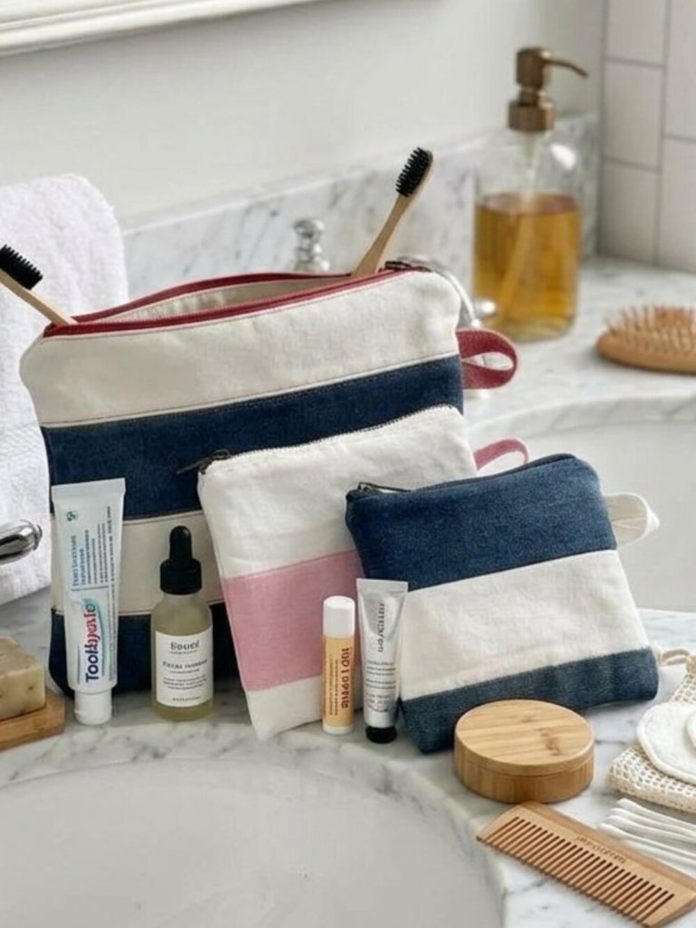 3 Handmade Denim Patchwork Zipper Pouches Upcycled Jeans Storage Make-up Bag